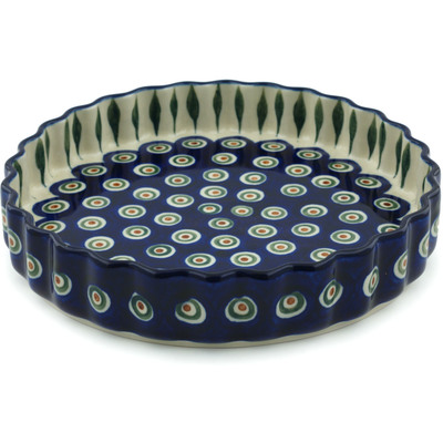 Polish Pottery Fluted Pie Dish 9&quot; Peacock Leaves