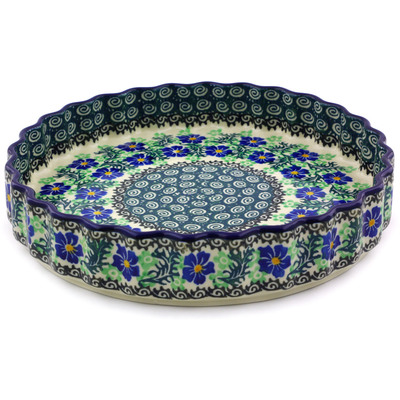 Polish Pottery Fluted Pie Dish 9&quot; Swirling Emeralds