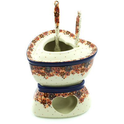 Polish Pottery Fondue Set 12 oz Autumn Space UNIKAT