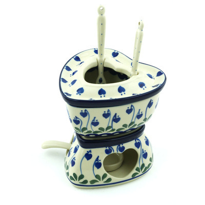 Polish Pottery Fondue Set 12 oz Bleeding Heart Peacock