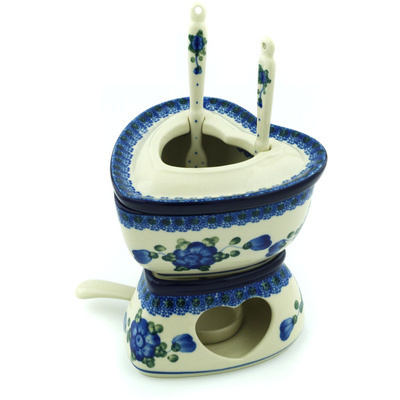 Polish Pottery Fondue Set 12 oz Blue Poppies