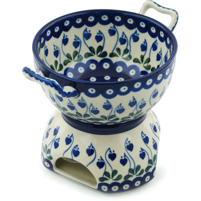 Polish Pottery Fondue Set 31 oz Bleeding Heart Peacock