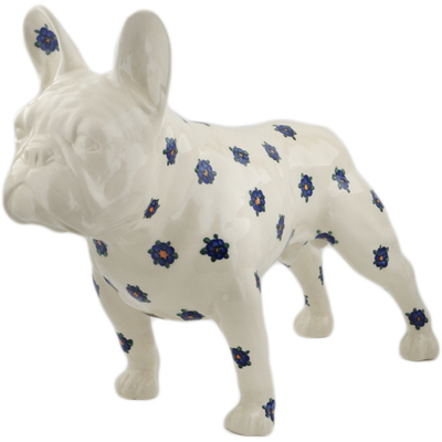 Polish Pottery French Bulldog Statue 24&quot; Blue Flower Halo UNIKAT
