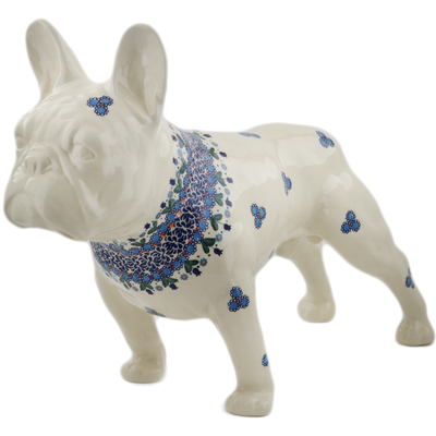 Polish Pottery French Bulldog Statue 24&quot; Blue Tulip Garden UNIKAT