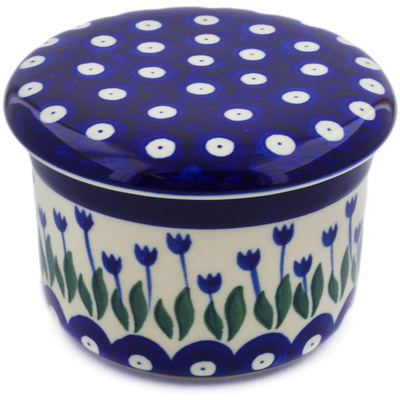 Polish Pottery French Butter Dish Blue Tulip Peacock
