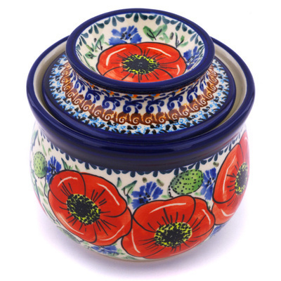 Polish Pottery French Butter Dish Bursts Of Red UNIKAT