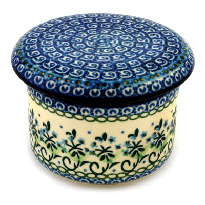 Polish Pottery French Butter Dish Forget Me Not Circle UNIKAT