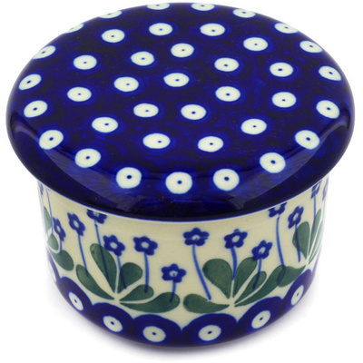 Polish Pottery French Butter Dish Forget-me-not Peacock