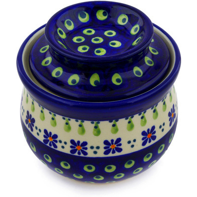Polish Pottery French Butter Dish Green Gingham Peacock