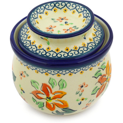 Polish Pottery French Butter Dish Orange Clematis