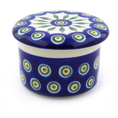 Polish Pottery French Butter Dish Peacock Leaves