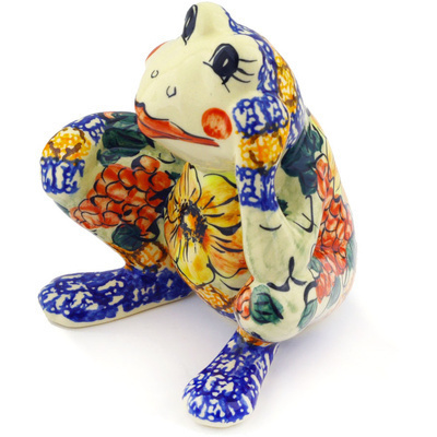 Polish Pottery Frog Figurine 5&quot; Colorful Bouquet UNIKAT