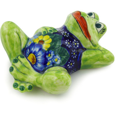 Polish Pottery Frog Figurine 7&quot; Floral Fruit Basket UNIKAT
