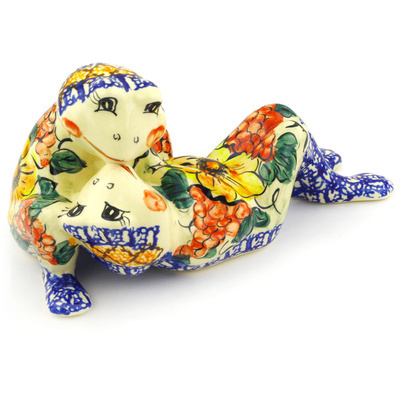 Polish Pottery Frog Figurine 9&quot; Colorful Bouquet UNIKAT