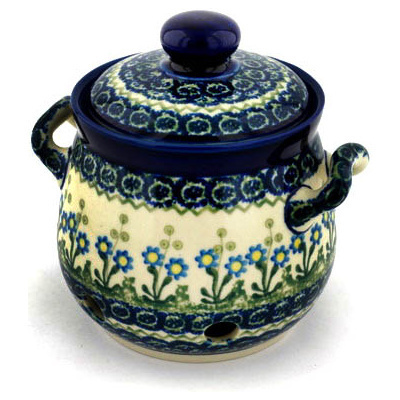 Polish Pottery Garlic and Onion Jar 6&quot; Blue Daisy Circle