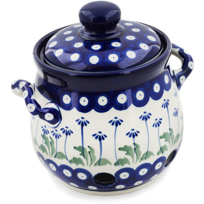 Polish Pottery Garlic and Onion Jar 6&quot; Blue Daisy Peacock