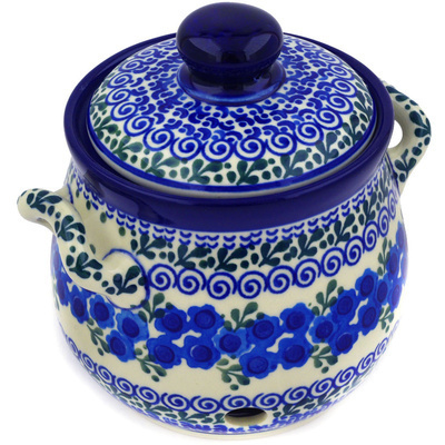 Polish Pottery Garlic and Onion Jar 6&quot; Blue Poppy Wreath