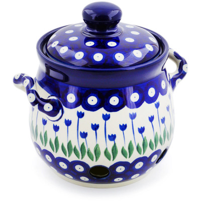 Polish Pottery Garlic and Onion Jar 6&quot; Blue Tulip Peacock
