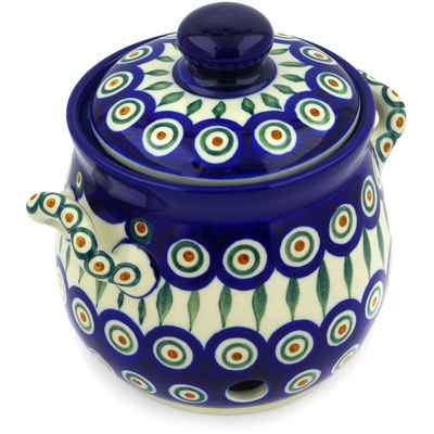 Polish Pottery Garlic and Onion Jar 6&quot; Peacock Leaves