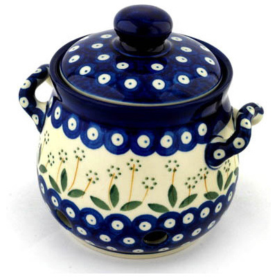 Polish Pottery Garlic and Onion Jar 6&quot; Pushing Daisy Peacock