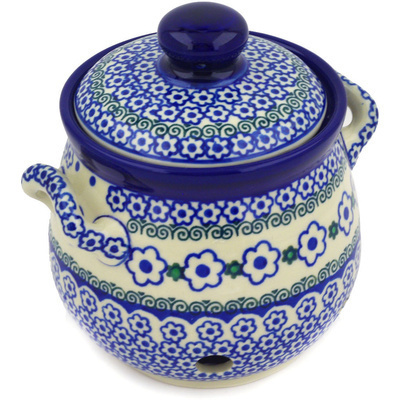 Polish Pottery Garlic and Onion Jar 6&quot; White Daisy Dots