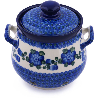 Polish Pottery Garlic and Onion Jar 7&quot; Blue Poppies