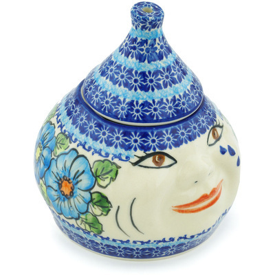 Polish Pottery Garlic and Onion Jar 7&quot; Bold Blue Poppies UNIKAT