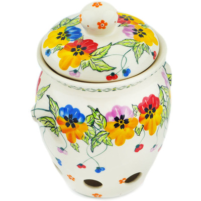 Polish Pottery Garlic and Onion Jar 7&quot; Pretty Pansy UNIKAT