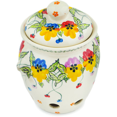 Polish Pottery Garlic and Onion Jar 7&quot; Pretty Pansy UNIKAT