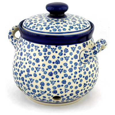 Polish Pottery Garlic and Onion Jar 9&quot; Blue Confetti