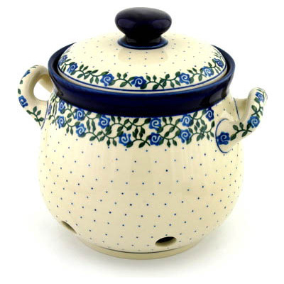 Polish Pottery Garlic and Onion Jar 9&quot; Blue Rose Vine
