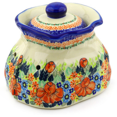 Polish Pottery Garlic and Onion Jar 9&quot; Bold Poppies UNIKAT