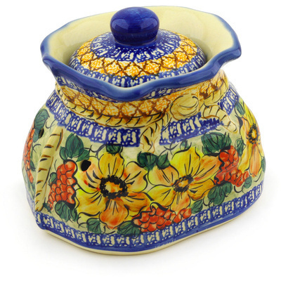 Polish Pottery Garlic and Onion Jar 9&quot; Colorful Bouquet UNIKAT