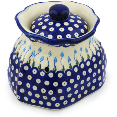 Polish Pottery Garlic and Onion Jar 9&quot; Peacock Tulip Garden