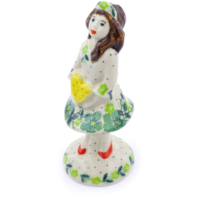 Polish Pottery Girl Figurine 6&quot; Evergreen Wreath