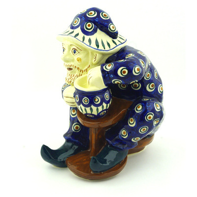 Polish Pottery Gnome Figurine 10&quot; Blue Peacock