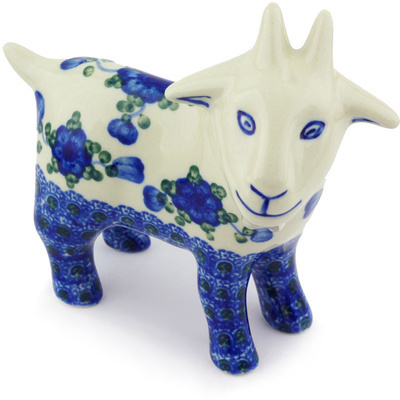 Polish Pottery Goat Figurine 6&quot; Blue Poppies