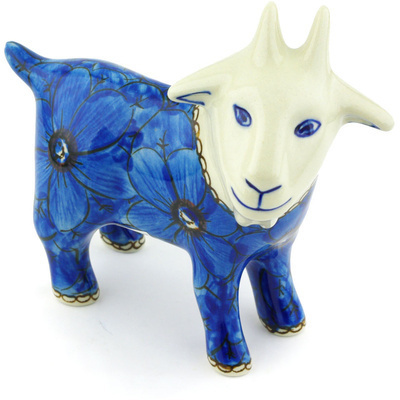 Polish Pottery Goat Figurine 6&quot; Cobalt Poppies UNIKAT