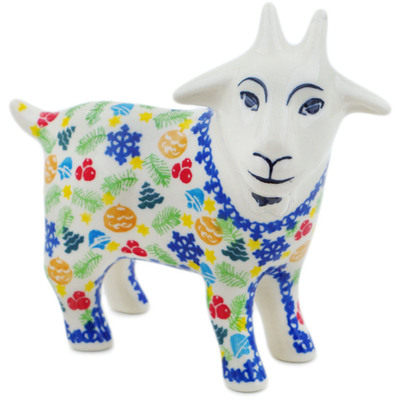 Polish Pottery Goat Figurine 6&quot; Winter Sprinkles UNIKAT