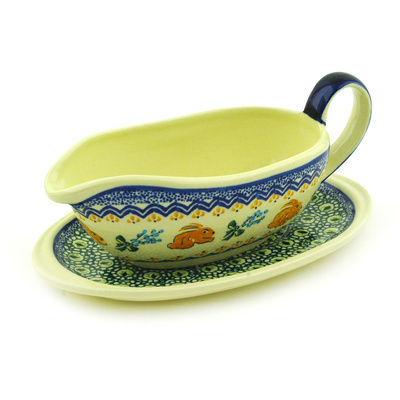 Polish Pottery Gravy Boat with Saucer 13 oz Bunny Trail