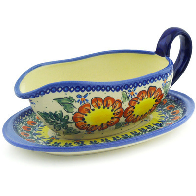 Polish Pottery Gravy Boat with Saucer 13 oz Sunshine Bees UNIKAT