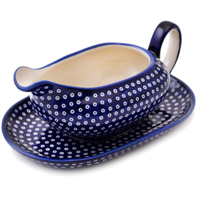 Polish Pottery Gravy Boat with Saucer 16 oz Tiny Peacock Eyes UNIKAT