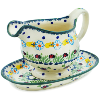 Polish Pottery Gravy Boat with Saucer 19 oz Flowers And Ladybugs
