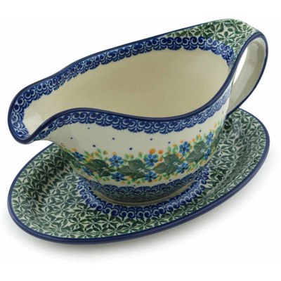Polish Pottery Gravy Boat with Saucer 20 oz Aster Wreath