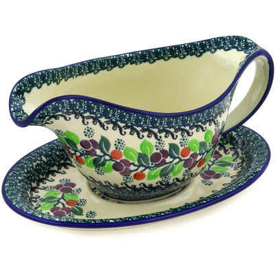 Polish Pottery Gravy Boat with Saucer 20 oz Berry Garland