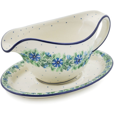 Polish Pottery Gravy Boat with Saucer 20 oz Blue Bell Wreath
