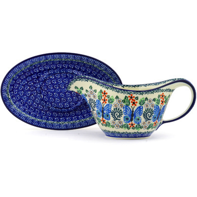 Polish Pottery Gravy Boat with Saucer 20 oz Blue Butterfly Brigade UNIKAT