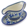 Polish Pottery Gravy Boat with Saucer 20 oz Blue Pansy
