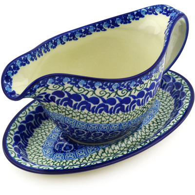 Polish Pottery Gravy Boat with Saucer 20 oz Blue Passion