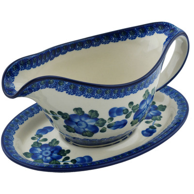 Polish Pottery Gravy Boat with Saucer 20 oz Blue Poppies